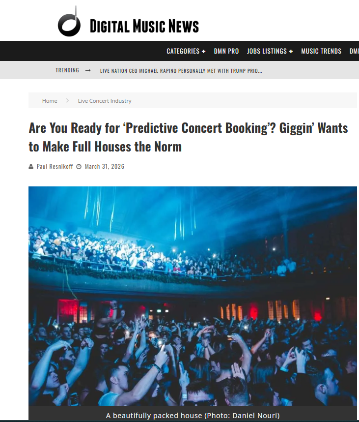 Digital Music News article titled 'Are You Ready for Predictive Concert Booking? Giggin' Wants to Make Full Houses the Norm'